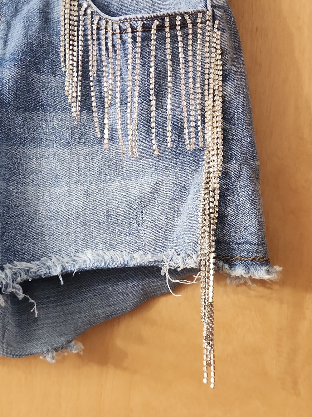 Denim Rhinestone Fringe Women's Shorts Medium - Picture 2 of 8